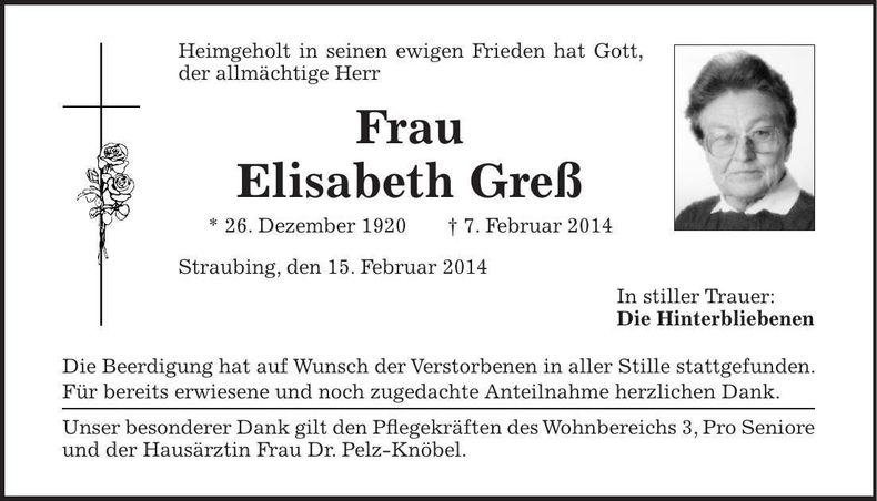 Traueranzeige Elisabeth Greß