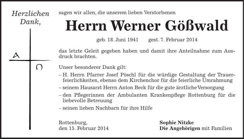 Traueranzeige Werner Gößwald