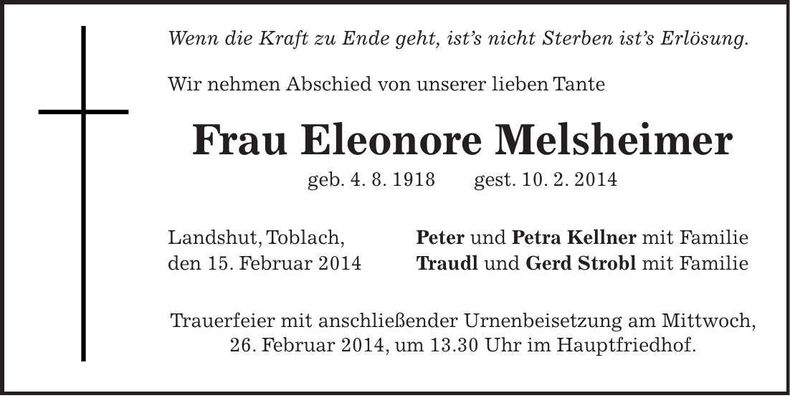 Traueranzeige Eleonore Melsheimer