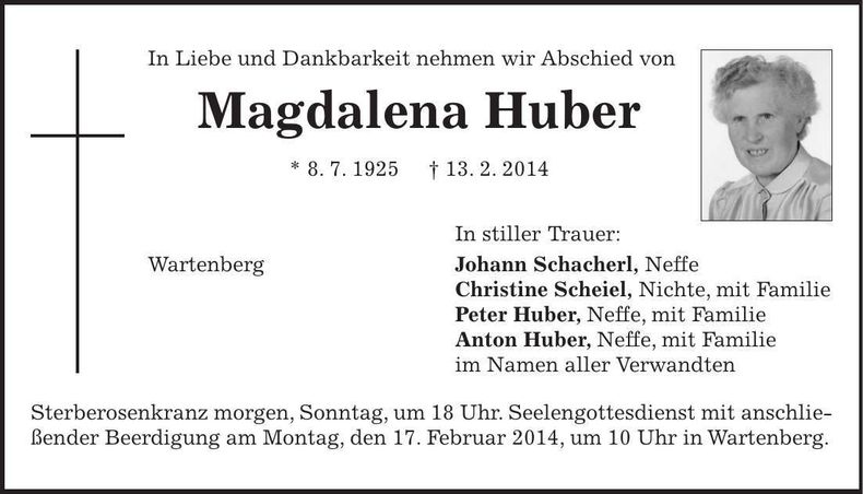 Traueranzeige Magdalena Huber