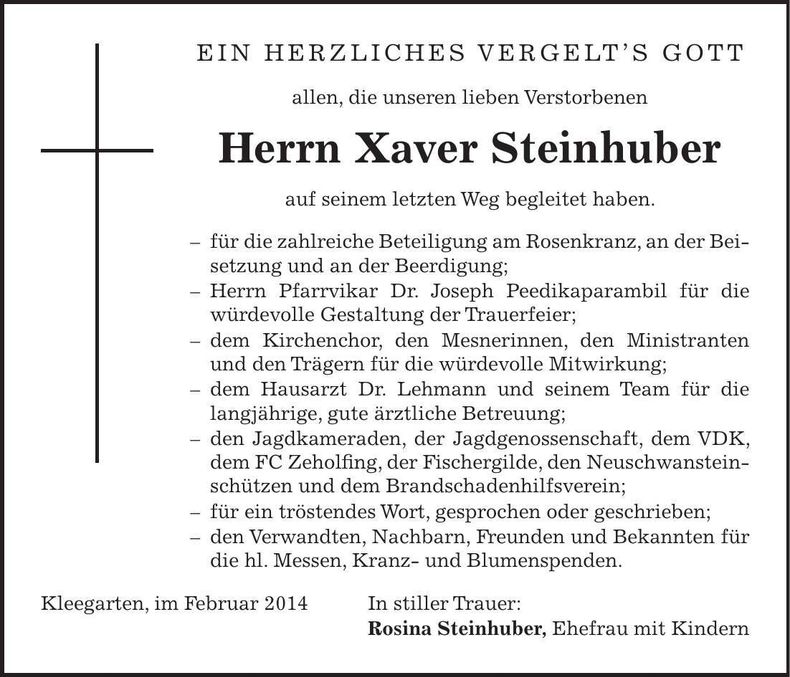 Traueranzeige Xaver Steinhuber