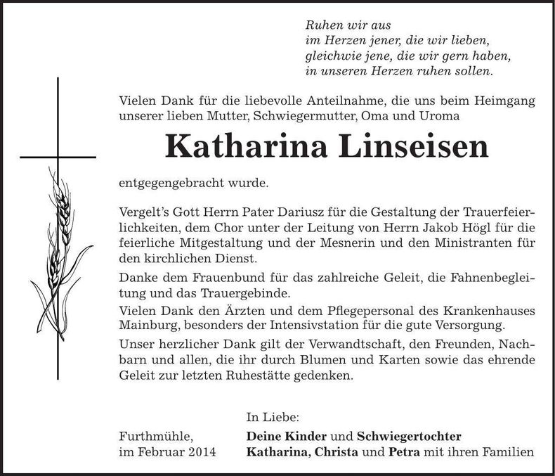 Traueranzeige Katharina Linseisen