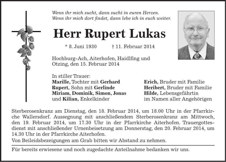 Traueranzeige Rupert Lukas