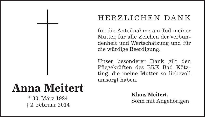 Traueranzeige Anna Meitert