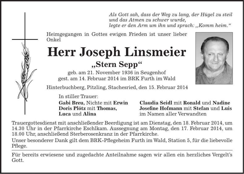 Traueranzeige Joseph Linsmeier