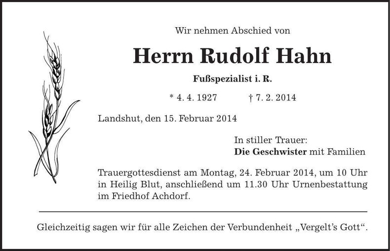 Traueranzeige Rudolf Hahn