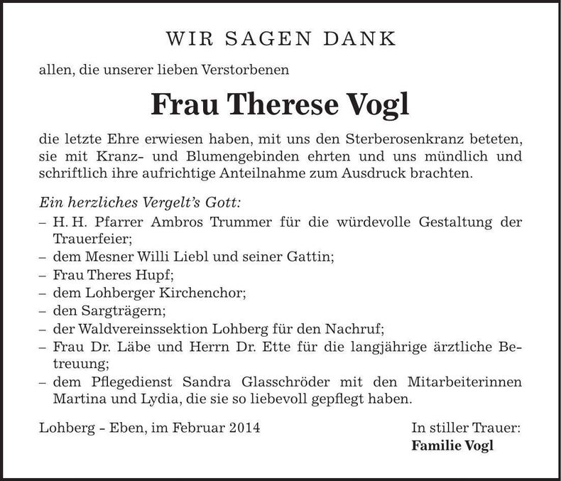 Traueranzeige Therese Vogl