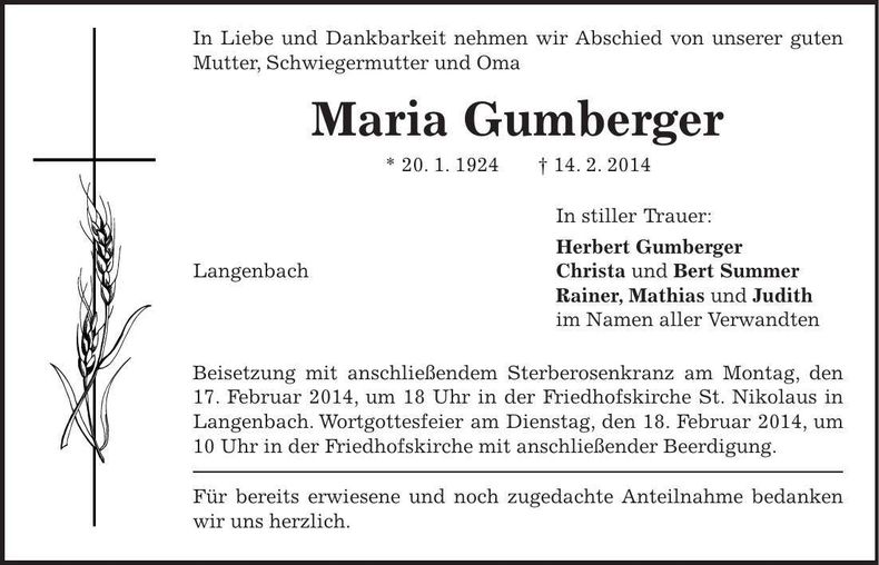 Traueranzeige Maria Gumberger