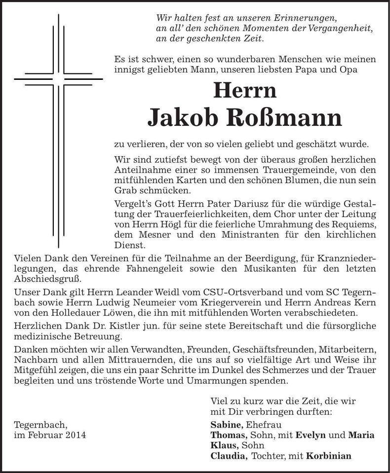 Traueranzeige Jakob Roßmann
