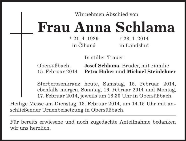 Traueranzeige Anna Schlama