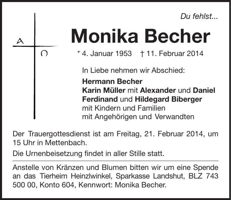 Traueranzeige Monika Becher