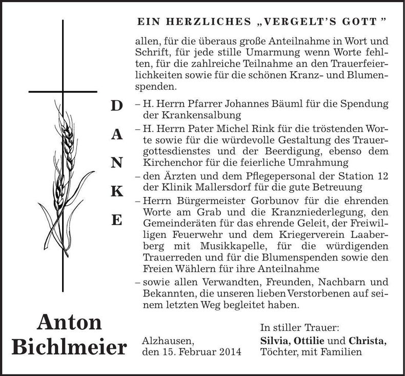 Traueranzeige Anton Bichlmeier