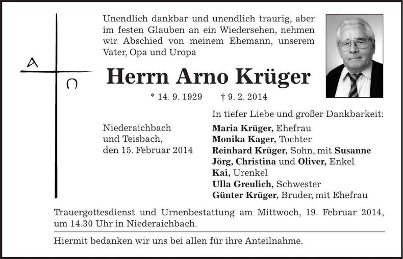 Traueranzeige Anton Krüger