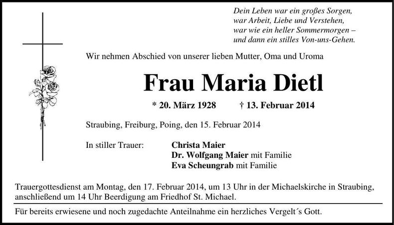 Traueranzeige Maria Dietl