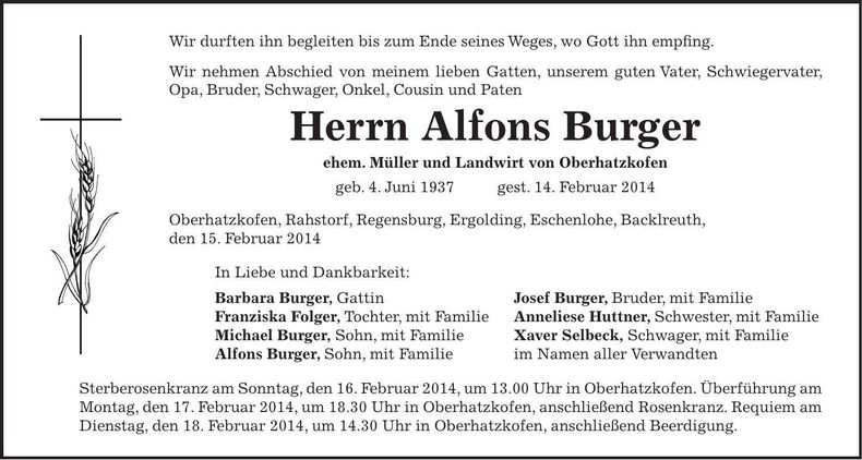 Traueranzeige Alfons Burger