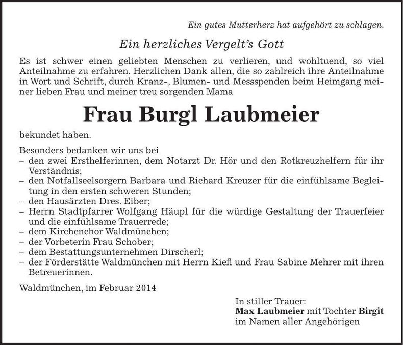 Traueranzeige Burgl Laubmeier