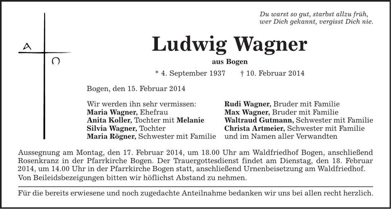 Traueranzeige Ludwig Wagner