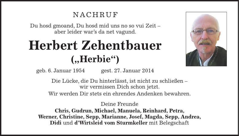 Traueranzeige Herbert Zehentbauer