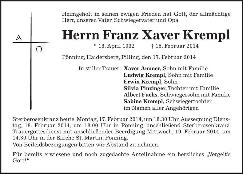 Traueranzeige Franz Xaver Krempl