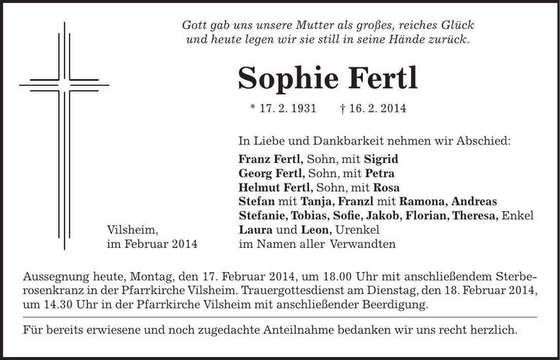 Traueranzeige Sophie Fertl