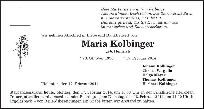 Traueranzeige Maria Kolbinger