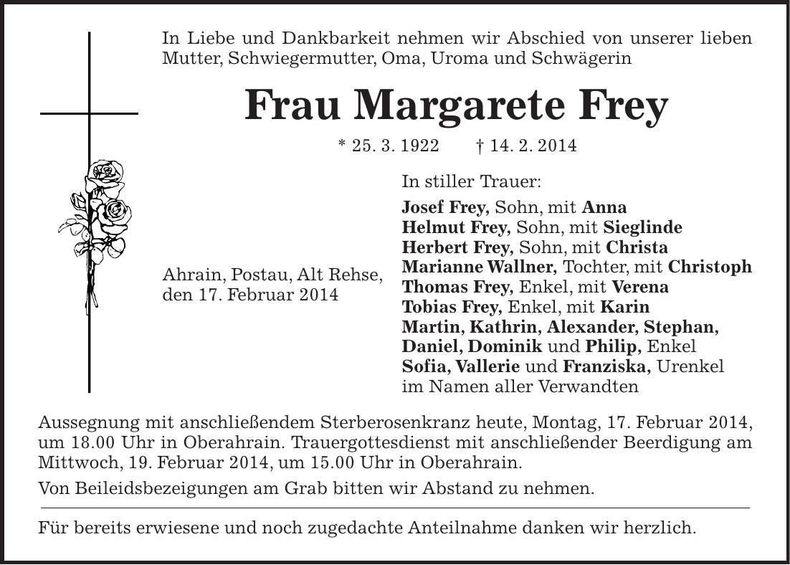 Traueranzeige Margarete Frey