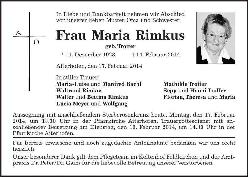 Traueranzeige Maria Rimkus