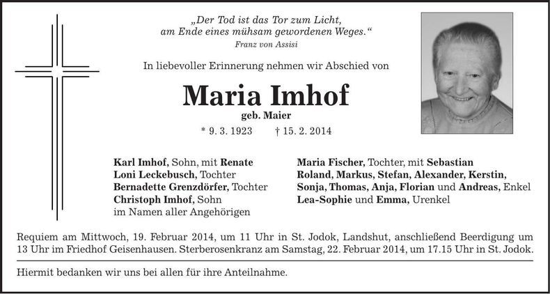 Traueranzeige Maria Imhof