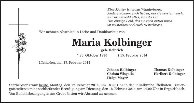 Traueranzeige Maria Kolbinger