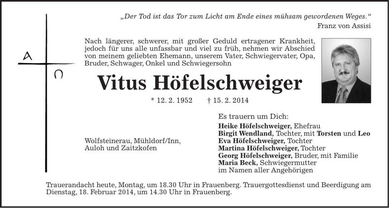 Traueranzeige Vitus Höfelschweiger