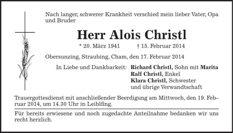 Traueranzeige Alois Christl