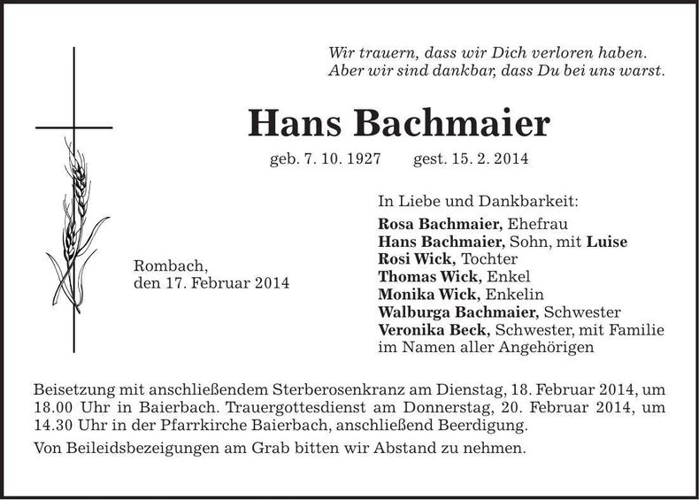 Traueranzeige Hans Bachmaier