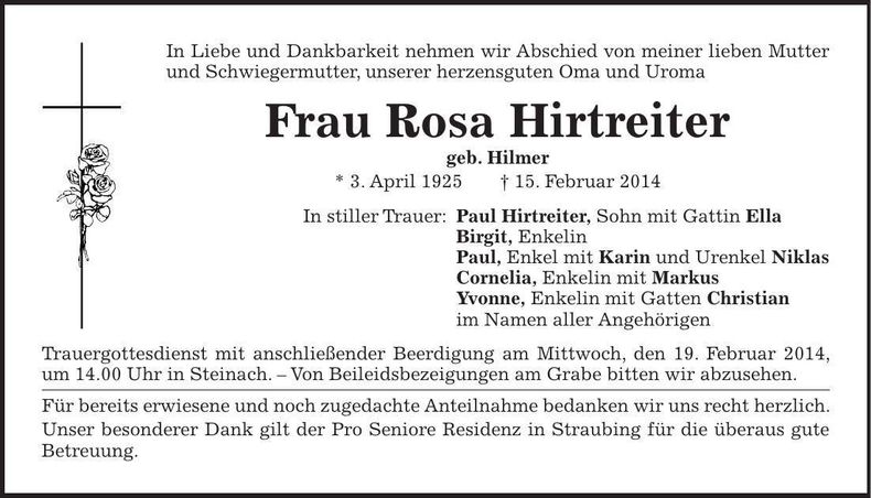 Traueranzeige Rosa Hirtreiter