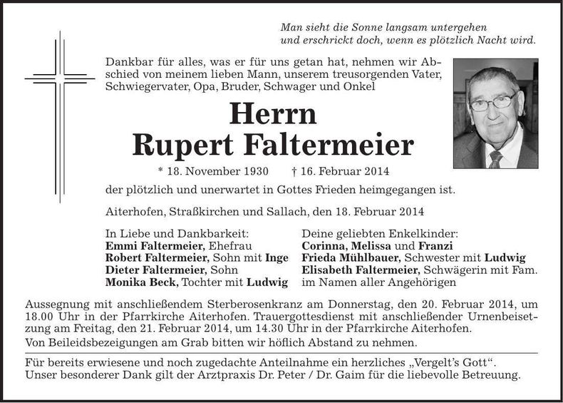 Traueranzeige Rupert Faltermeier