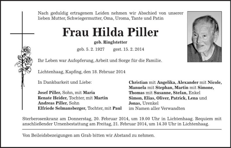 Traueranzeige Hilda Piller