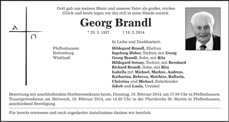 Traueranzeige Georg Brandl