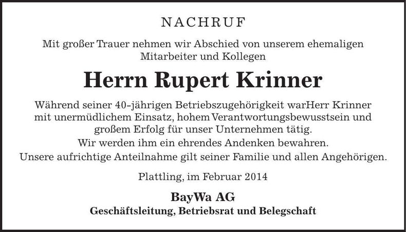 Traueranzeige Rupert Krinner