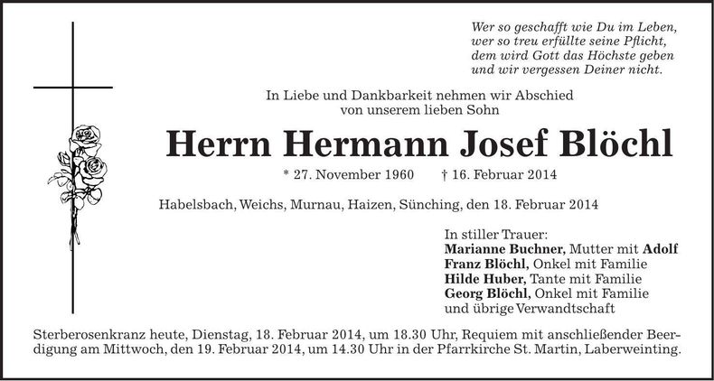 Traueranzeige Hermann Josef Blöchl
