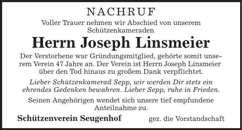 Traueranzeige Joseph Linsmeier