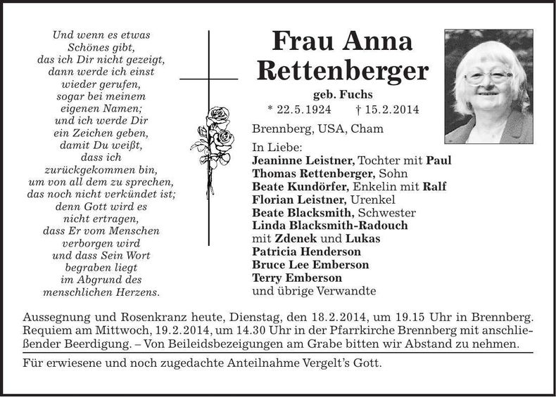 Traueranzeige Anna Rettenberger