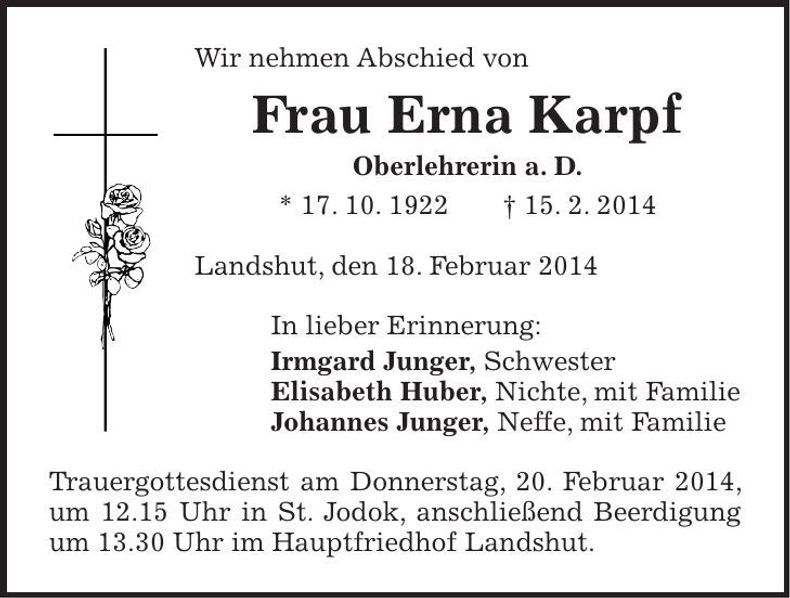 Traueranzeige Erna Karpf