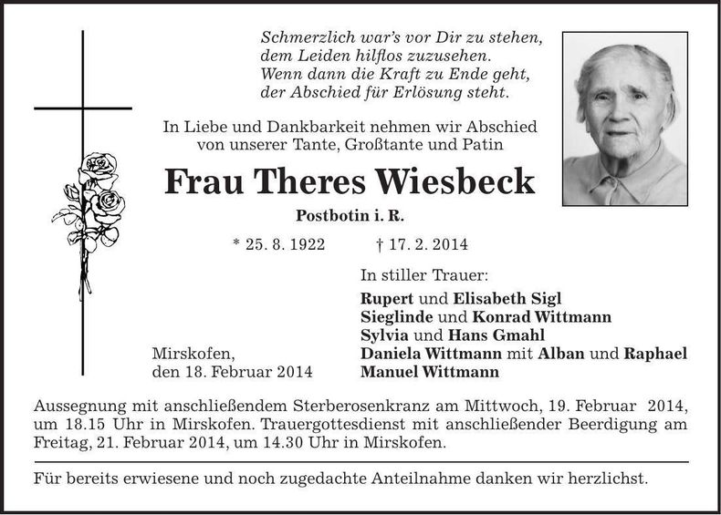 Traueranzeige Theres Wiesbeck