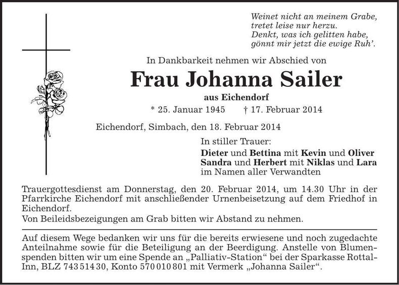 Traueranzeige Johanna Sailer