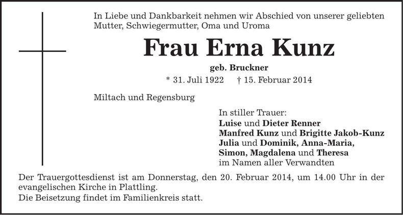 Traueranzeige Erna Kunz