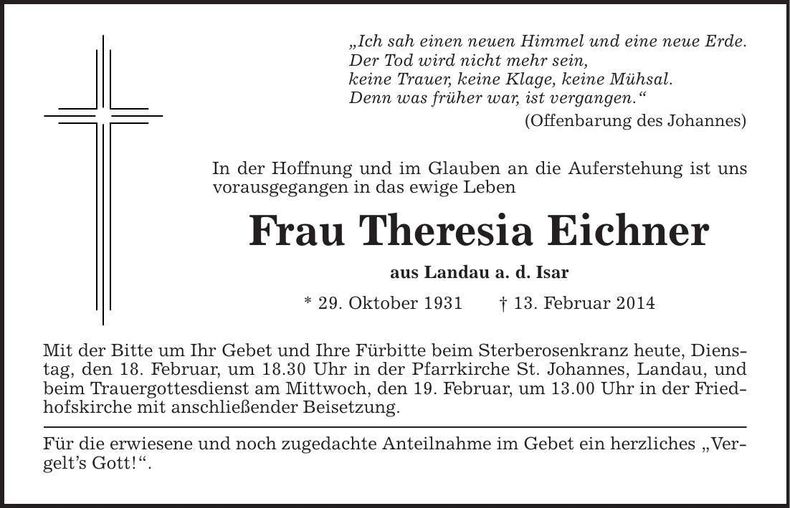Traueranzeige Theresia Eichner