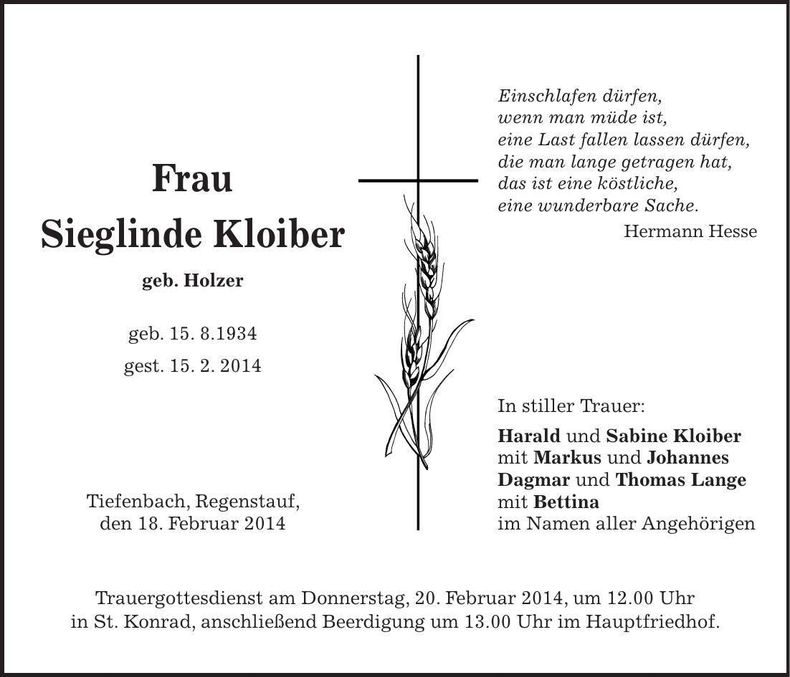 Traueranzeige Sieglinde Kloiber