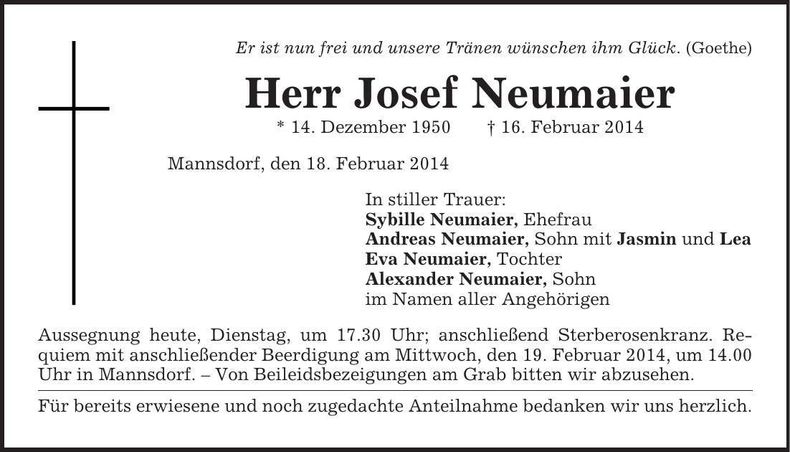 Traueranzeige Josef Neumaier