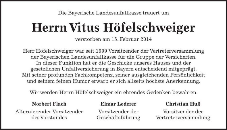 Traueranzeige Vitus Höfelschweiger