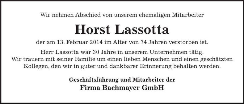 Traueranzeige Horst Lassotta
