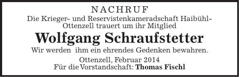 Traueranzeige Wolfgang Schraufstetter